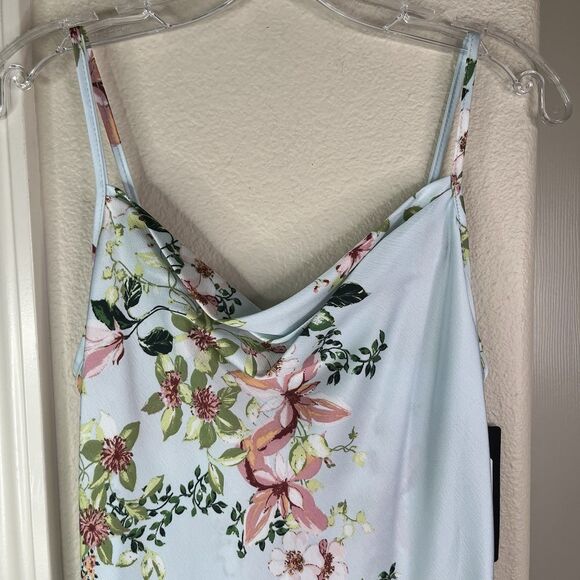 BEBE Women's Baby Blue Floral Satin Cowl Neck Spaghetti Strap Midi Dress S NEW - Picture 2 of 12